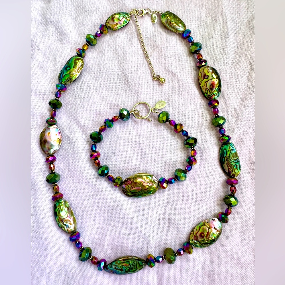 Vintage Donna Dressler abalone, crystal and sterling silver necklace & bracelet